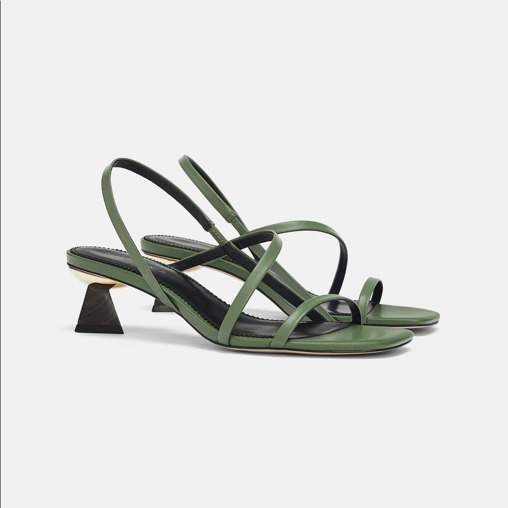 ZARA GREEN LEATHER WOODEN KITTEN HEEL SANDALS